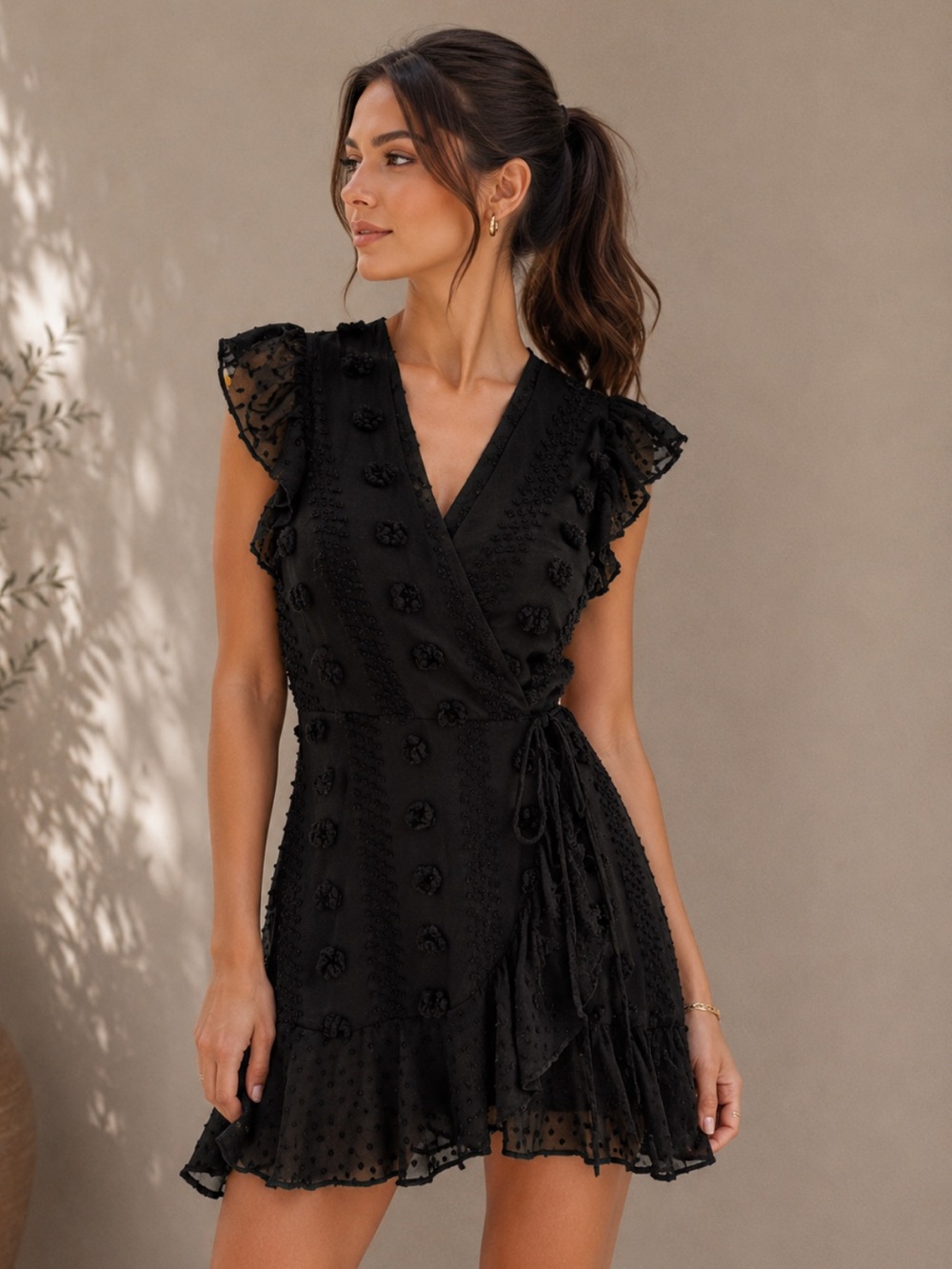 Andree Black Floral Appliqué Wrap Dress